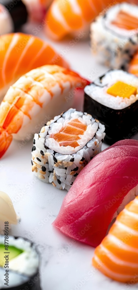 Assorted sushi platter with fresh nigiri, sashimi, and rolls arranged on a white marble surface. Assorted sushi platter with fresh nigiri, sashimi, and rolls arranged on a white marble surface.