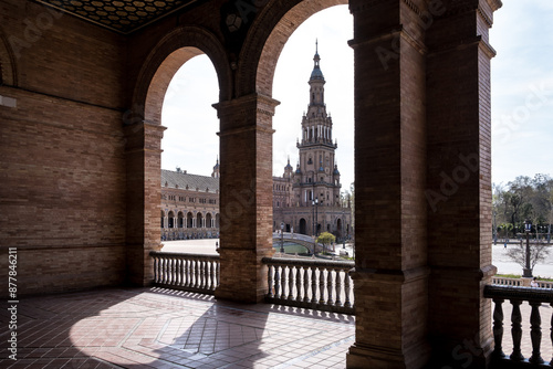 Detail of the Plaza de España, an architectural ensemble located in María Luisa Park in the city of Seville (Andalusia, Spain). It was declared a cultural heritage site in July 2023.