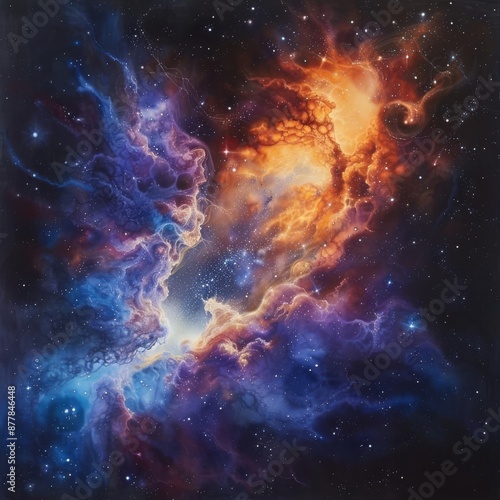 Mesmerizing cosmic nebula, vibrant colors blending in space. Stunning celestial art depicting galaxy and outer space phenomena. © AlexCaelus