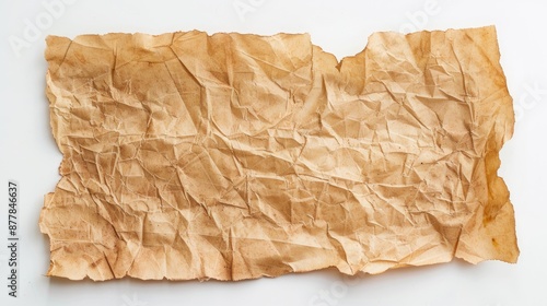 Aged wrinkled paper sheet Empty area White background