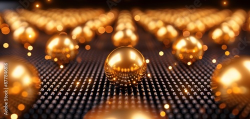 Close-up of shiny golden spheres arranged in rows on a black perforated surface, with a soft focus background creating a luxurious and elegant feel.