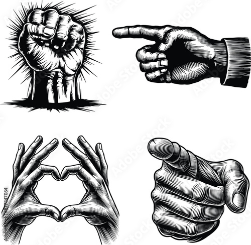 Set of human hands with signs and gestures, vector illustration.