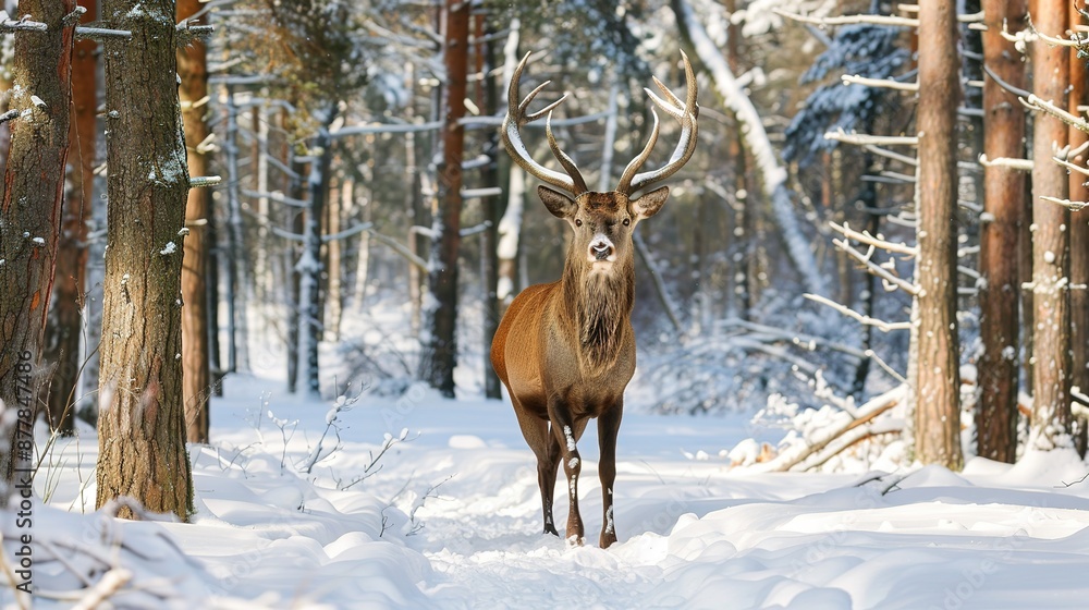 Fototapeta premium Majestic Male Deer in Snowy Forest