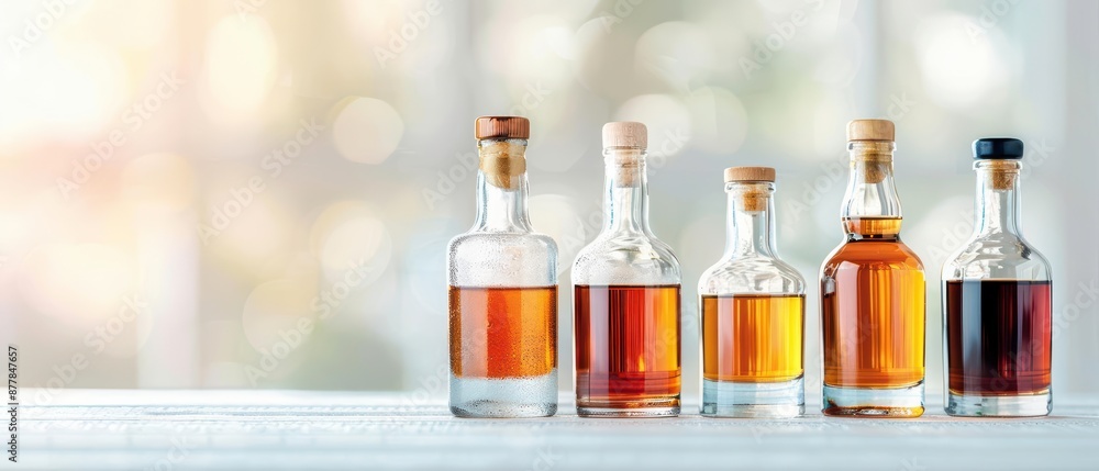Five bottles of various aged whiskeys lined up on a wooden surface with a blurred background, highlighting their distinct colors and textures. Five bottles of various aged whiskeys lined up on a wooden surface with a blurred background, highlighting their distinct colors and textures.