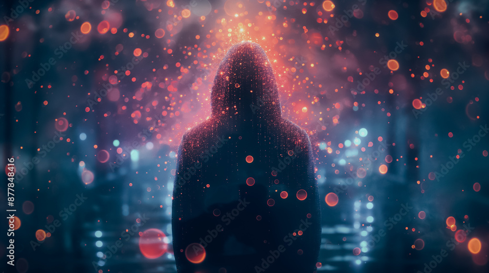 Fototapeta premium A person is standing in the middle of a city with a hoodie on. The city is lit up with bright lights and the person is surrounded by a lot of glowing sparks. Scene is mysterious and surreal