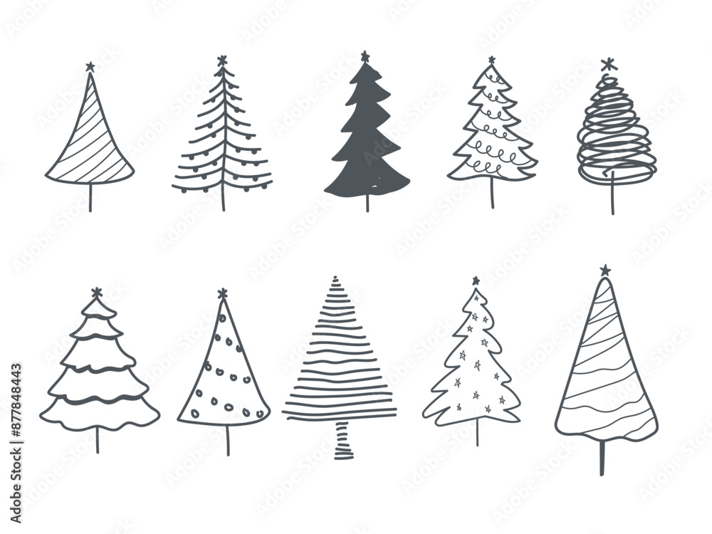 Obraz premium Abstract hand drawn set of Christmas trees. New year holidays background
