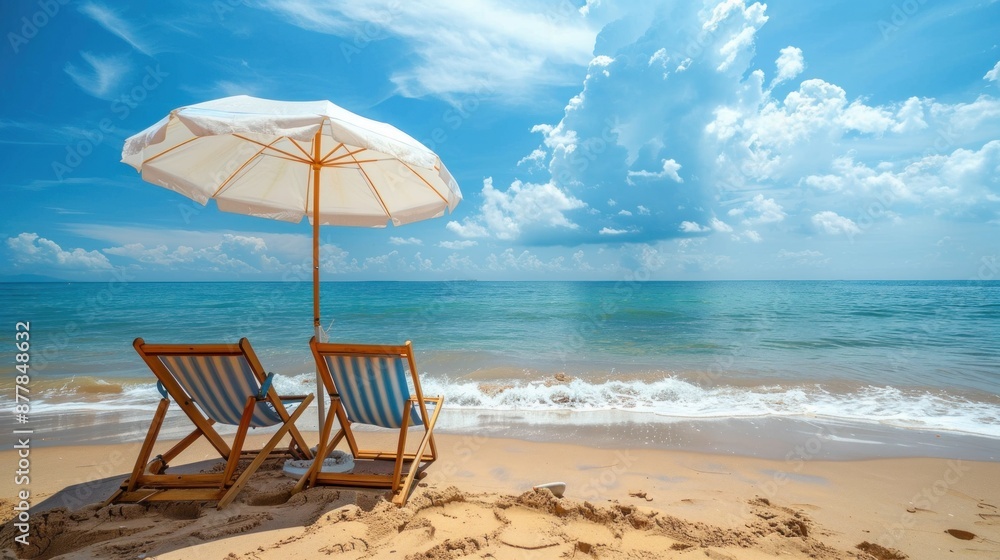 Fototapeta premium Two Beach Chairs Under a White Umbrella