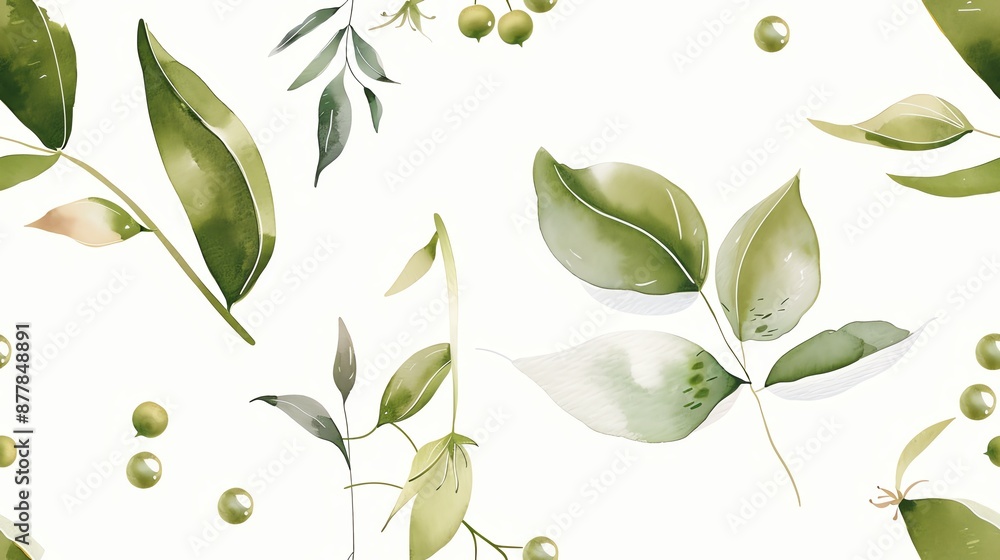 Naklejka premium Seamless pattern featuring watercolor green leaf and berry illustrations on a white background, ideal for nature-themed designs.