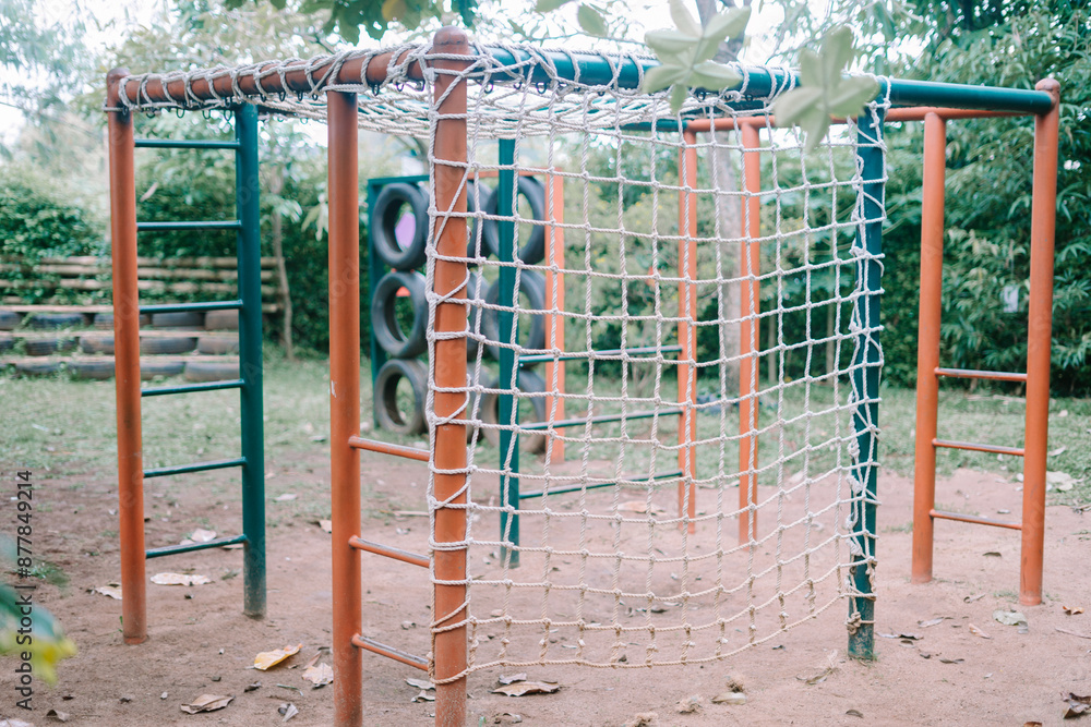Kids' play area with metal frames and installed rope nets, perfect for climbing adventures. Kids' play area with metal frames and installed rope nets, perfect for climbing adventures.