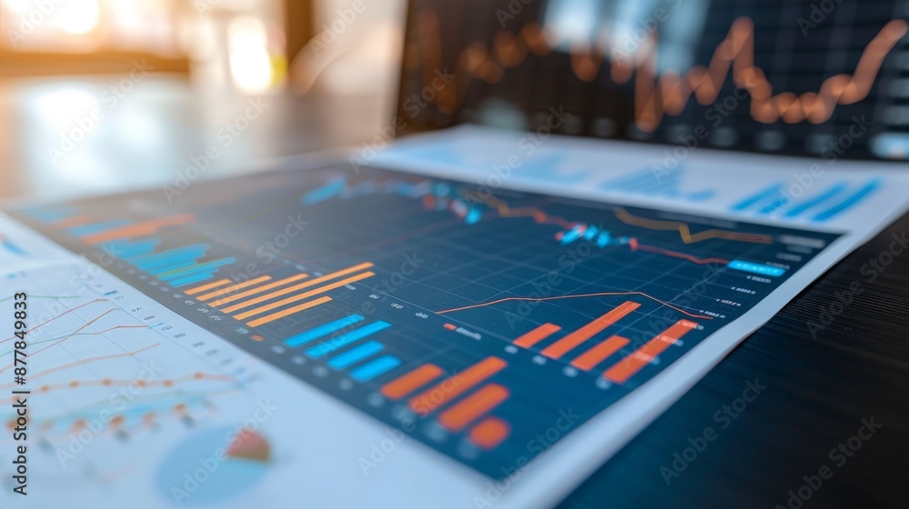 A close-up of an investment portfolio, with stock market charts and graphs displaying the growth of investments A close-up of an investment portfolio, with stock market charts and graphs displaying the growth of investments