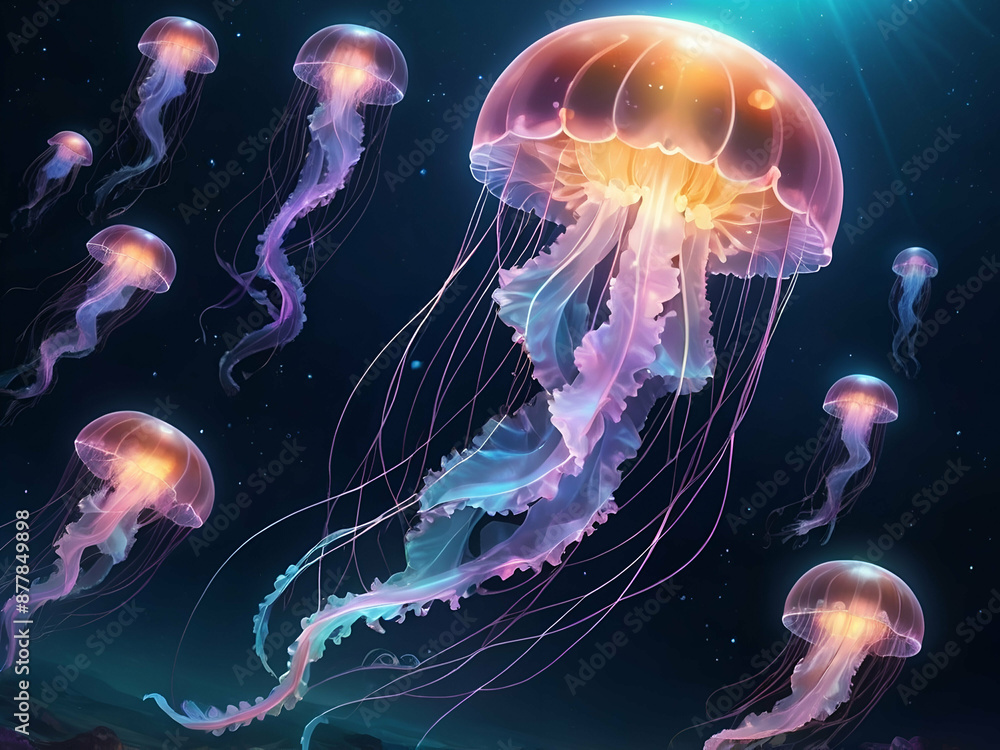 abstract glowing Fluorescent jellyfish swimming with neon light undersea life aquatic organism abstract glowing Fluorescent jellyfish swimming with neon light undersea life aquatic organism