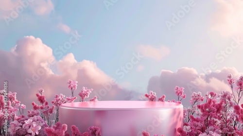 Pink podium on the pink flowers bloom with background of dreamy pastel sky