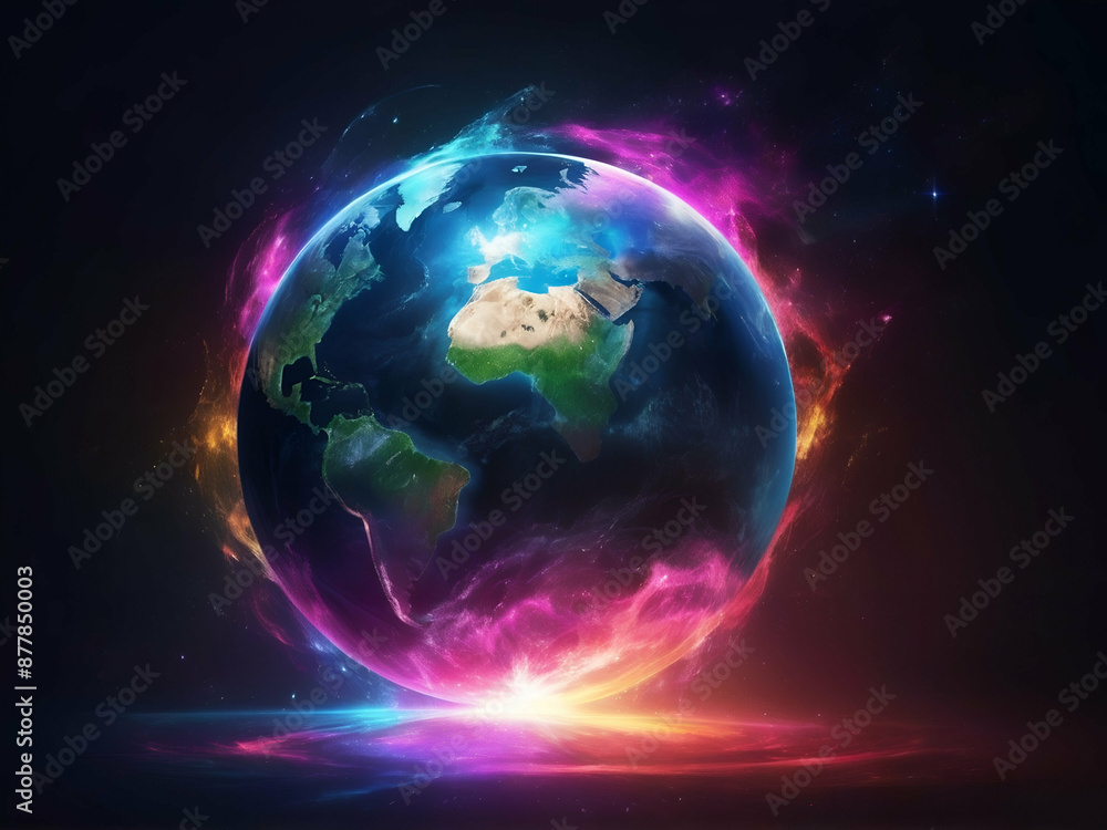 abstract colorful glowing Bright Earth on dark background abstract colorful glowing Bright Earth on dark background