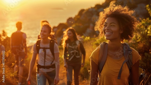 A group of friends hiking through a forest with a stunning sunset over a rocky shoreline in the background. AIG53M photo