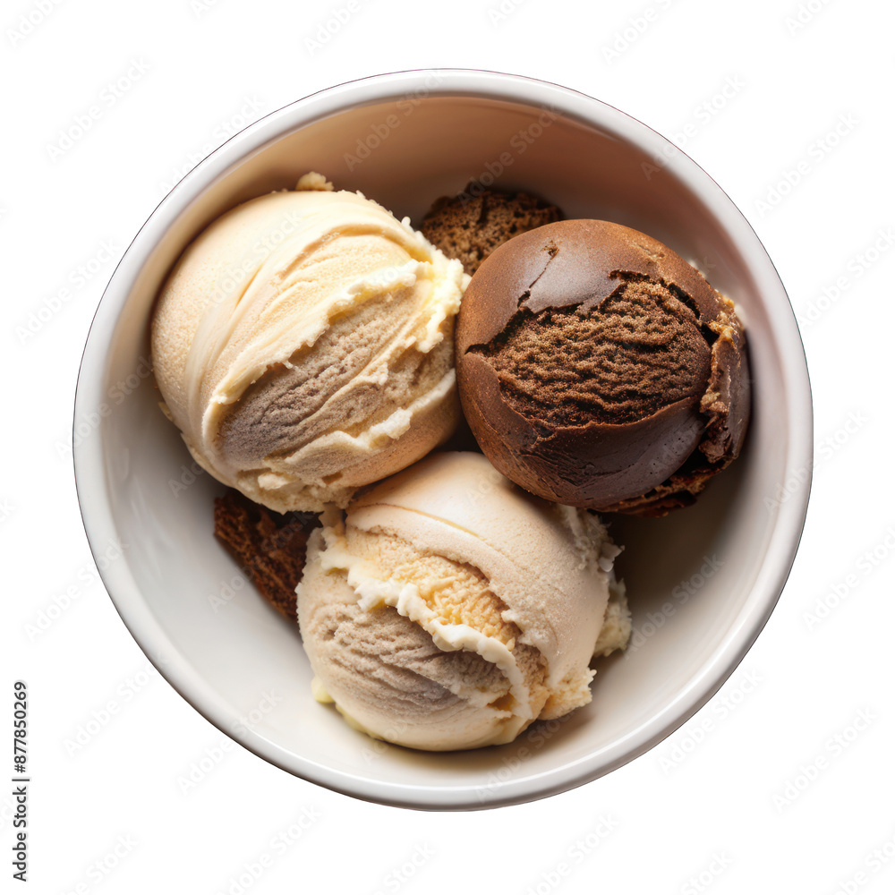 Chocolate and vanilla ice cream on white bowl top view on transparent Chocolate and vanilla ice cream on white bowl top view on transparent