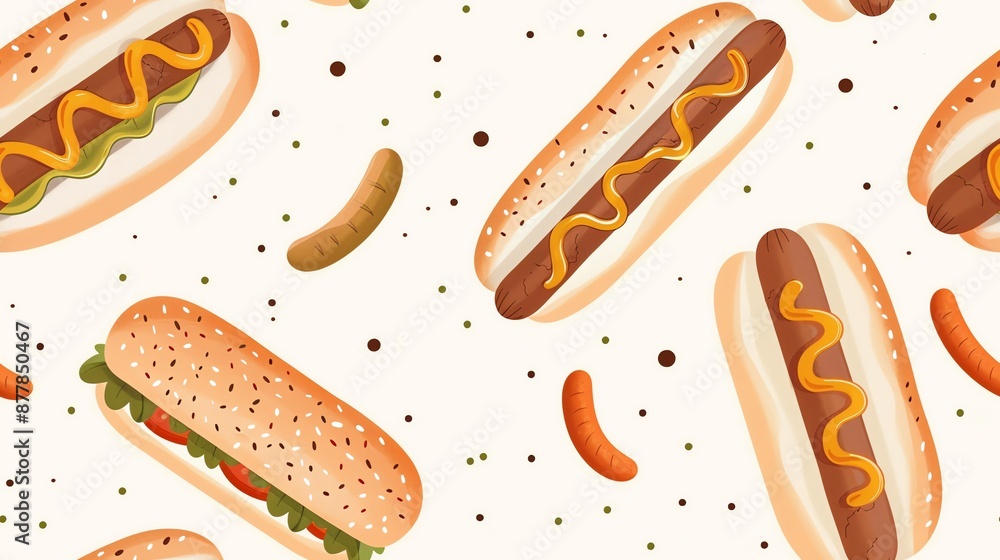 Stylish seamless pattern of hand-drawn hot dogs on a white background Stylish seamless pattern of hand-drawn hot dogs on a white background