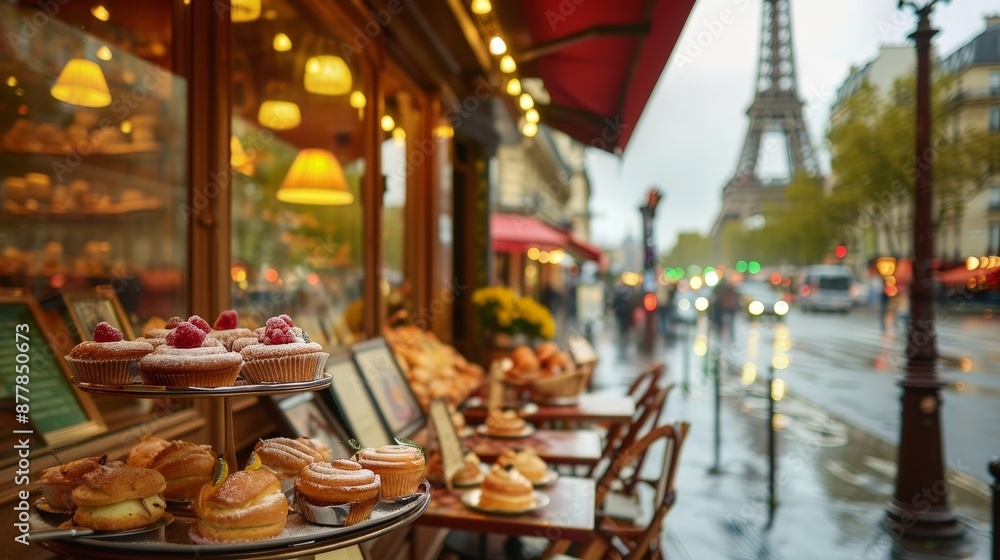 Fototapeta premium A cozy Paris, with outdoor seating, elegant pastries on display, and the Eiffel Tower visible in the distance