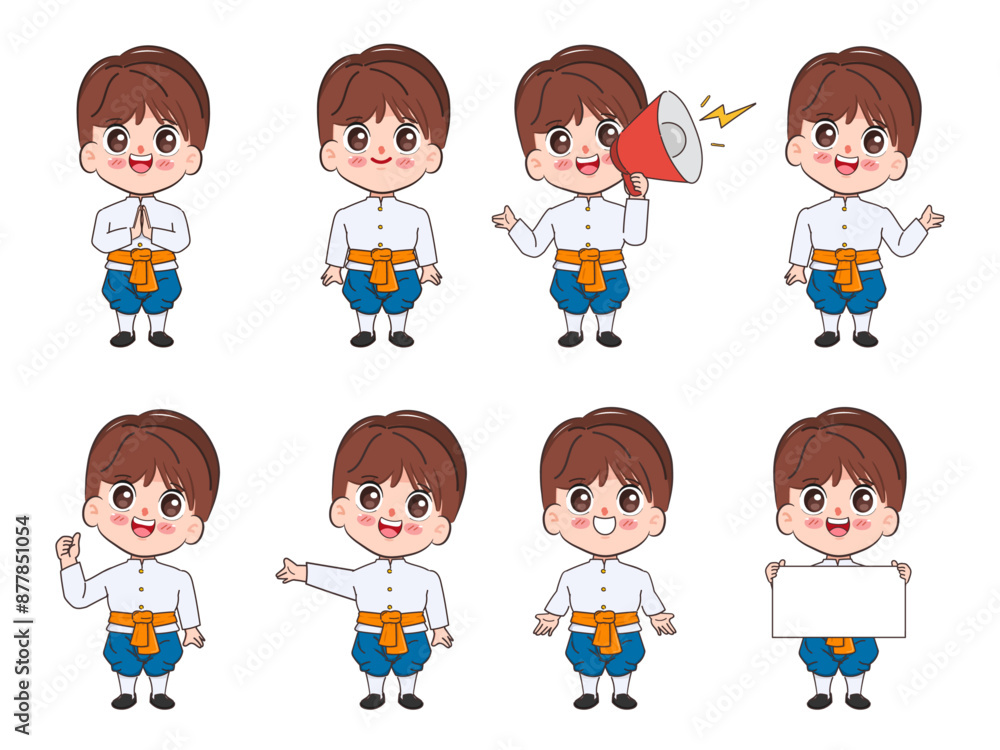 Character of traditional dress Thai boy or young man gesture poses. Cartoon vector hand drawn chibi doodle style. Welcome to Thailand concept. Character of traditional dress Thai boy or young man gesture poses. Cartoon vector hand drawn chibi doodle style. Welcome to Thailand concept.