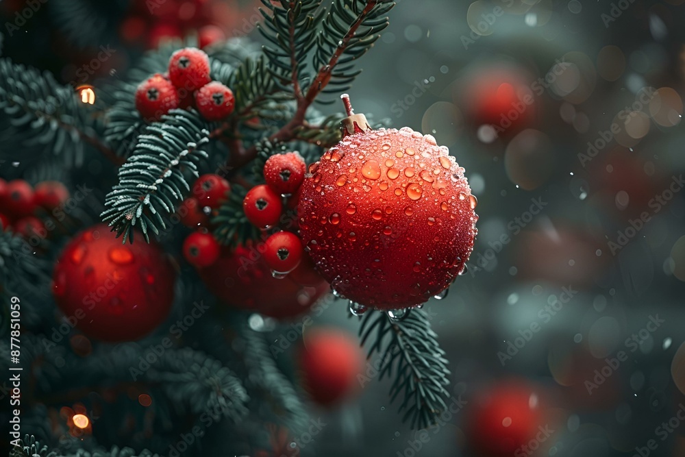 a red ornament hanging from a christmas tree. a red ornament hanging from a christmas tree.