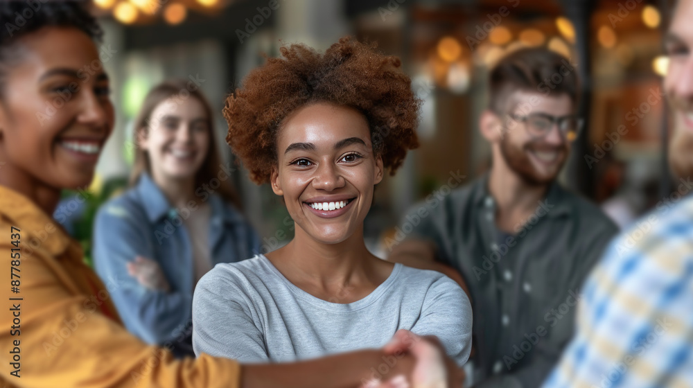 Men and women of different backgrounds shaking hands in agreement, symbolizing equality and partnership, with an office environment background. Men and women of different backgrounds shaking hands in agreement, symbolizing equality and partnership, with an office environment background.