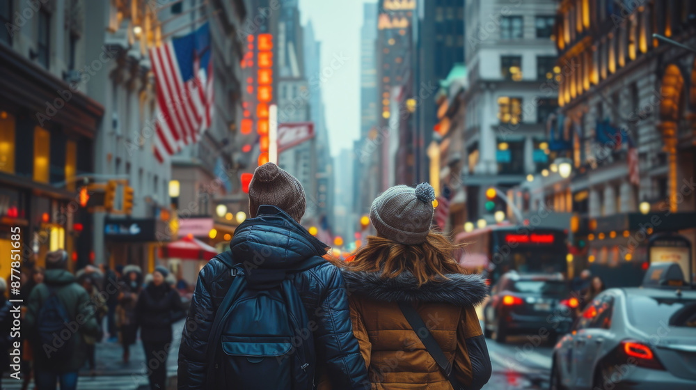 Couple walking hand-in-hand through a vibrant city street, enjoying the sights and sounds of the urban environment. Couple walking hand-in-hand through a vibrant city street, enjoying the sights and sounds of the urban environment.