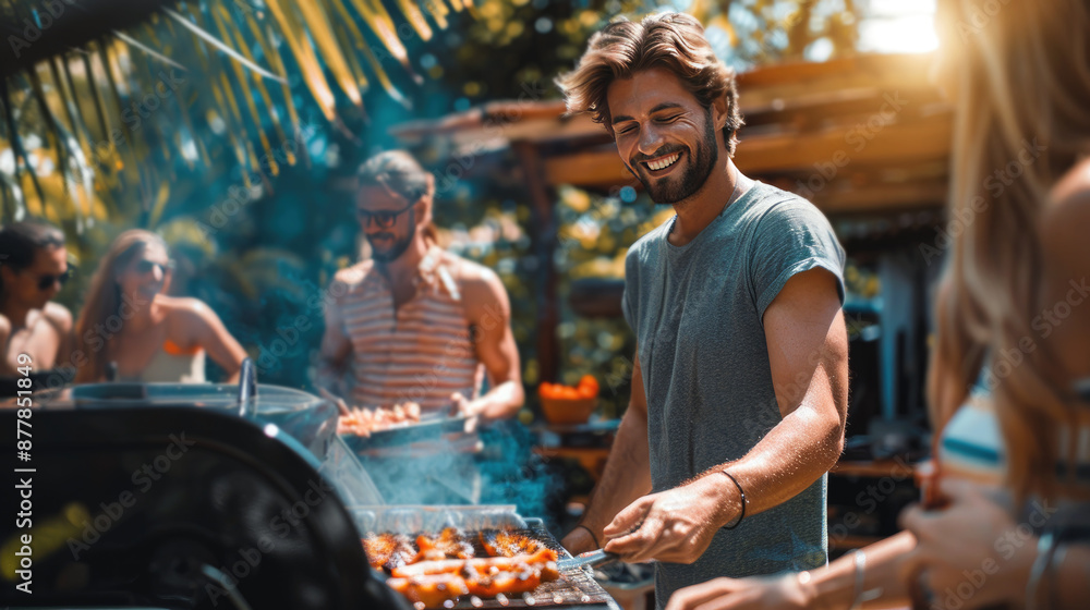 Group of friends enjoying a barbecue in the backyard, with everyone laughing and grilling food together. Group of friends enjoying a barbecue in the backyard, with everyone laughing and grilling food together.