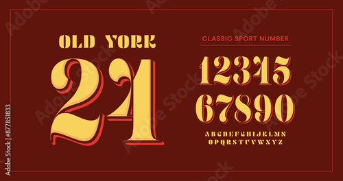 Stylish Typography Design. Includes uppercase numbers and characters. Perfect for custom sports jerseys and team apparel. Red and yellow scheme color vector illustration