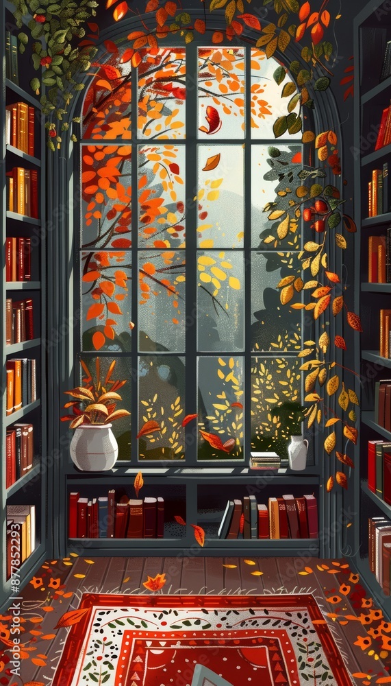 Obraz premium A cozy library with a large window overlooking a vibrant autumn scene. Falling leaves and warm colors create a peaceful atmosphere.