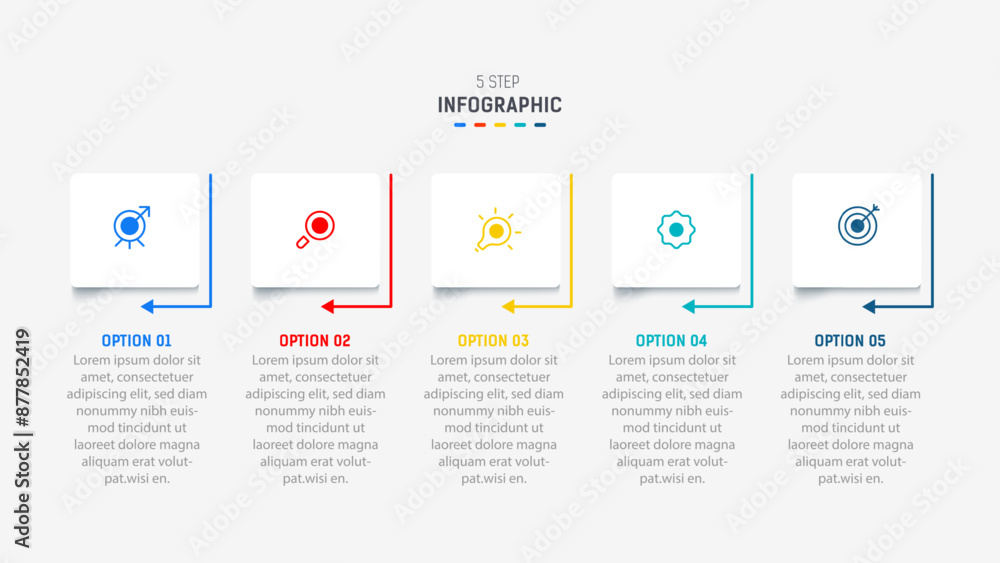 Fototapeta premium Five Step Infographic design element template for presentation. info graphic illustration. process diagram and presentations step, banner, flow chart, 5 option template.