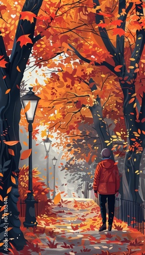 A lone figure walks through a path lined with vibrant autumn leaves, casting a warm glow on the scene.