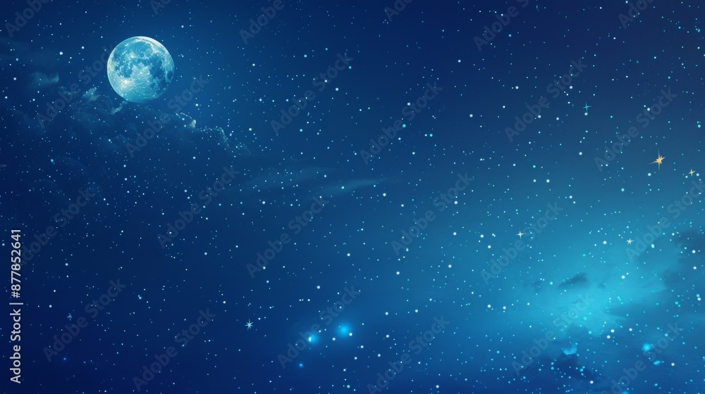 Fototapeta premium A deep blue background with a soft, glowing moon in the top corner, surrounded by tiny stars