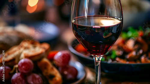 Copa de vino tinto con uvas y aperitivos

