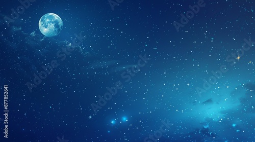 A deep blue background with a soft, glowing moon in the top corner, surrounded by tiny stars