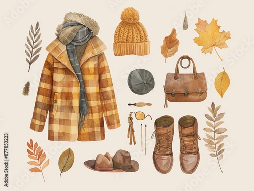 Watercolor of autumn fashion accessories. Includes a plaid jacket, boots, hat, scarf, and bag.