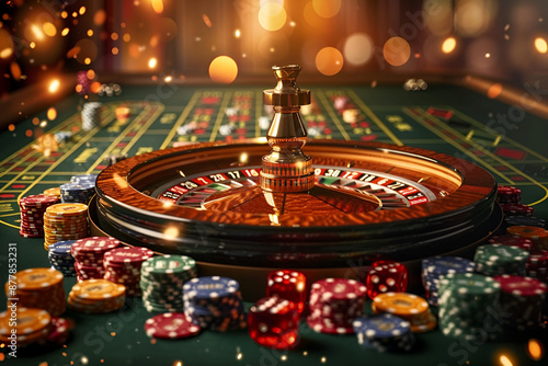 3D illustration with dynamic casino game background and craps roulette and poker cards,
Hotel casinos croupier roulette wheel A casino roule with casino chips on the table

