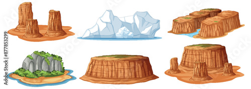 Various natural landforms including mesas and icebergs
