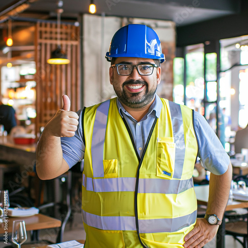 Trabajador de construcción sonriente con casco y chaleco de seguridad

