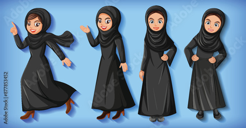 Four women in black hijabs and abayas