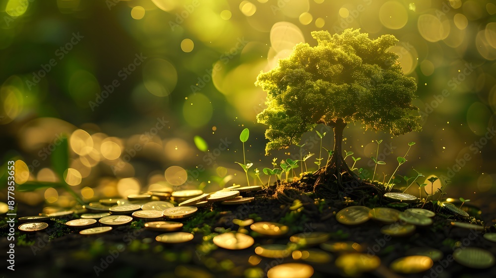 A tree is growing out of a pile of gold coins, with a blurred background of green leaves. A tree is growing out of a pile of gold coins, with a blurred background of green leaves.