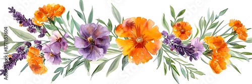 Hand-painted spring floral header with lavender marigolds and green accents in watercolor © azlani art