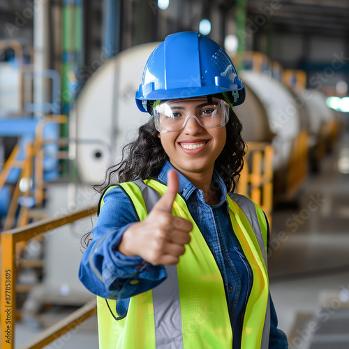Ingeniera en planta industrial con casco azul y chaleco reflectante

