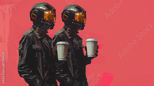 Human Robot Bankers Drinking Giant Cups of Coffee