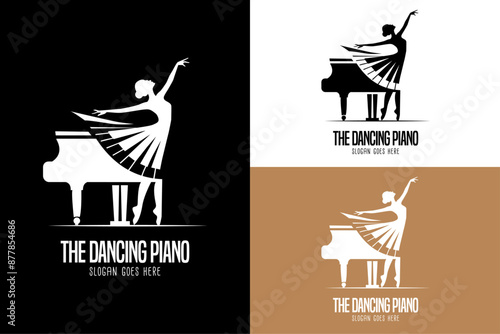 The Dancing PIano,  an image showing a woman dancing with a dress in the form of piano keys, beside her is a classical piano