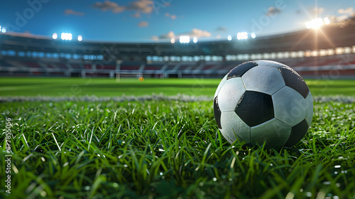 Soccer ball placed on the lush green grass of a stadium with grandstands and bright floodlights in the background ready for action