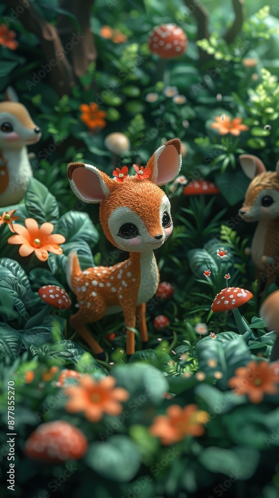 Fototapeta premium Adorable fawns in a vibrant, lush forest with colorful flowers and mushrooms, creating a whimsical and enchanting nature scene.