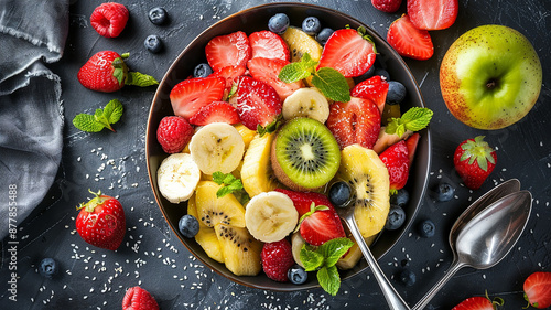 Ensalada de frutas frescas con kiwi, fresas y plátano