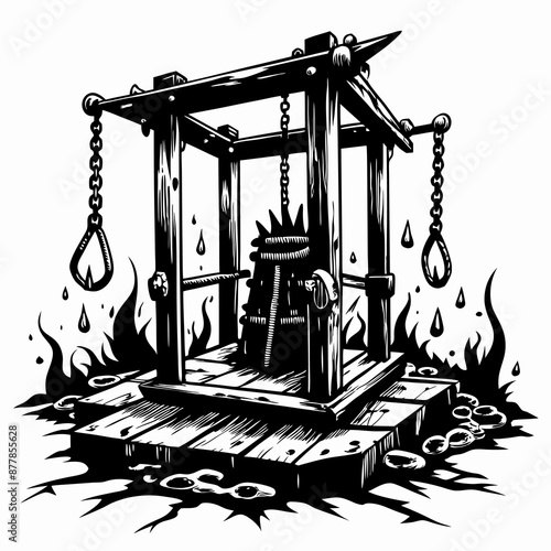 Medieval Torture Device Illustration   Detailed Black and White Graphic Art