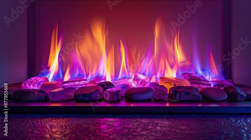 Electric Fireplace with Colorful Flames and Stones