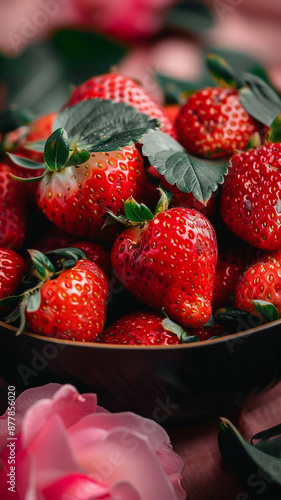 Tazón de fresas frescas con hojas verdes