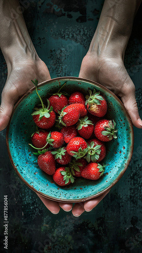 Manos sosteniendo un tazón de fresas frescas